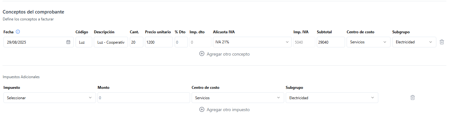 Carga de ítems del comprobante