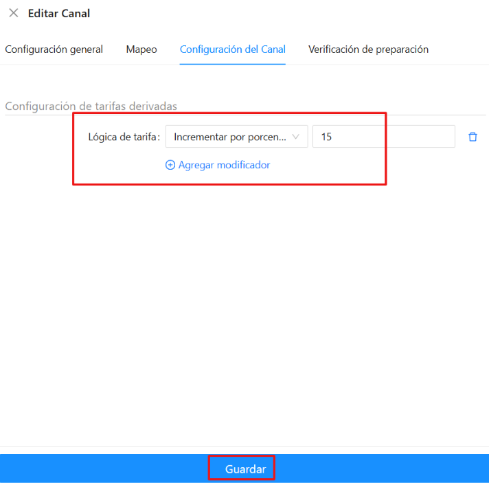 Detalle de la configuración del canal con factor de ajuste