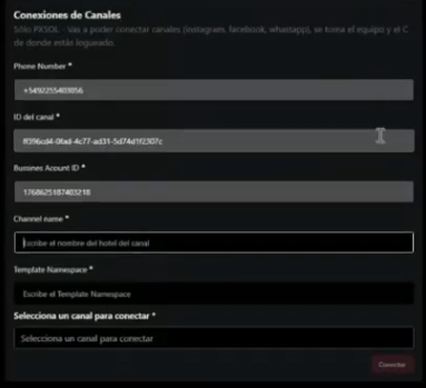 Ejemplo de datos para conectar canal en la aplicación Conversaciones